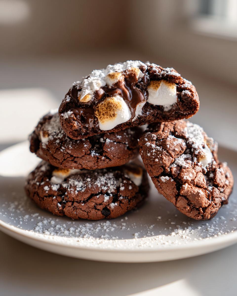 Stack of rich, dark hot chocolate cookies filled with melted marshmallows and dusted with powdered sugar.