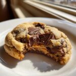 Close-up of a soft peanut butter cup cookies with a bite revealing melted peanut butter filling and chocolate chunks.