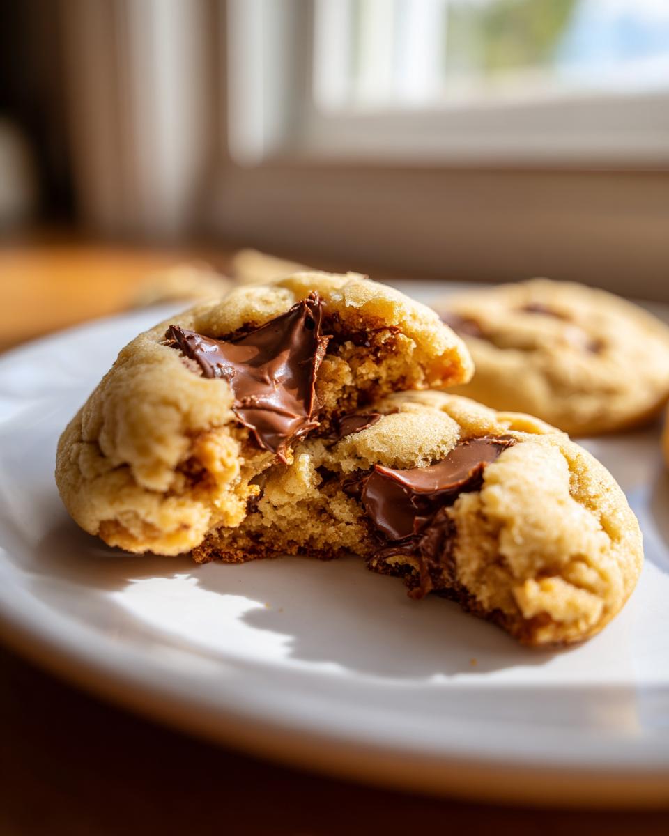 Close-up of a peanut butter cup cookies broken in half showing melted chocolate filling.
