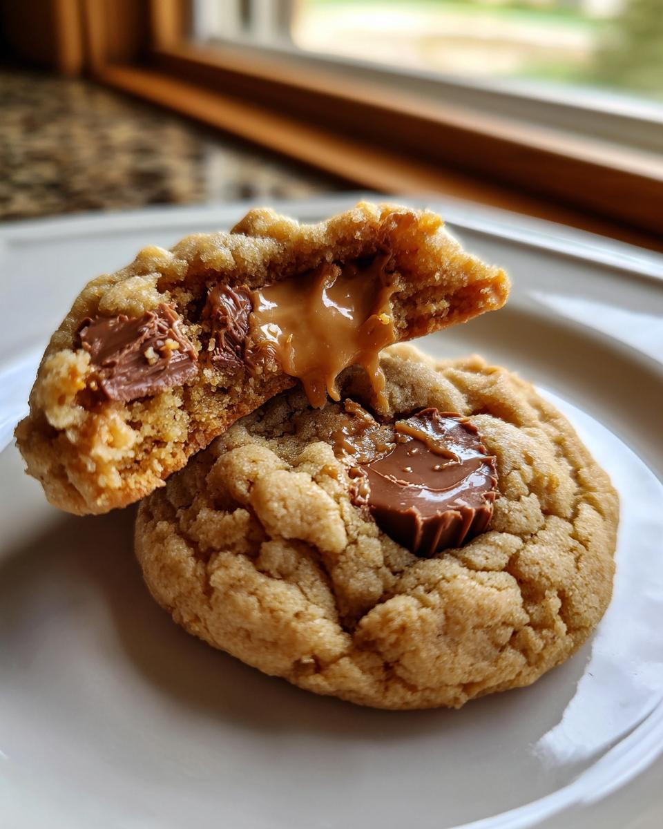 Close-up of peanut butter cup cookies, one broken open showing a molten peanut butter filling.
