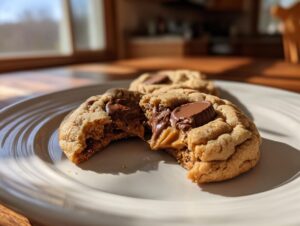 Close-up of a gooey peanut butter cup cookies broken open, showing melted filling, sitting on a white plate.