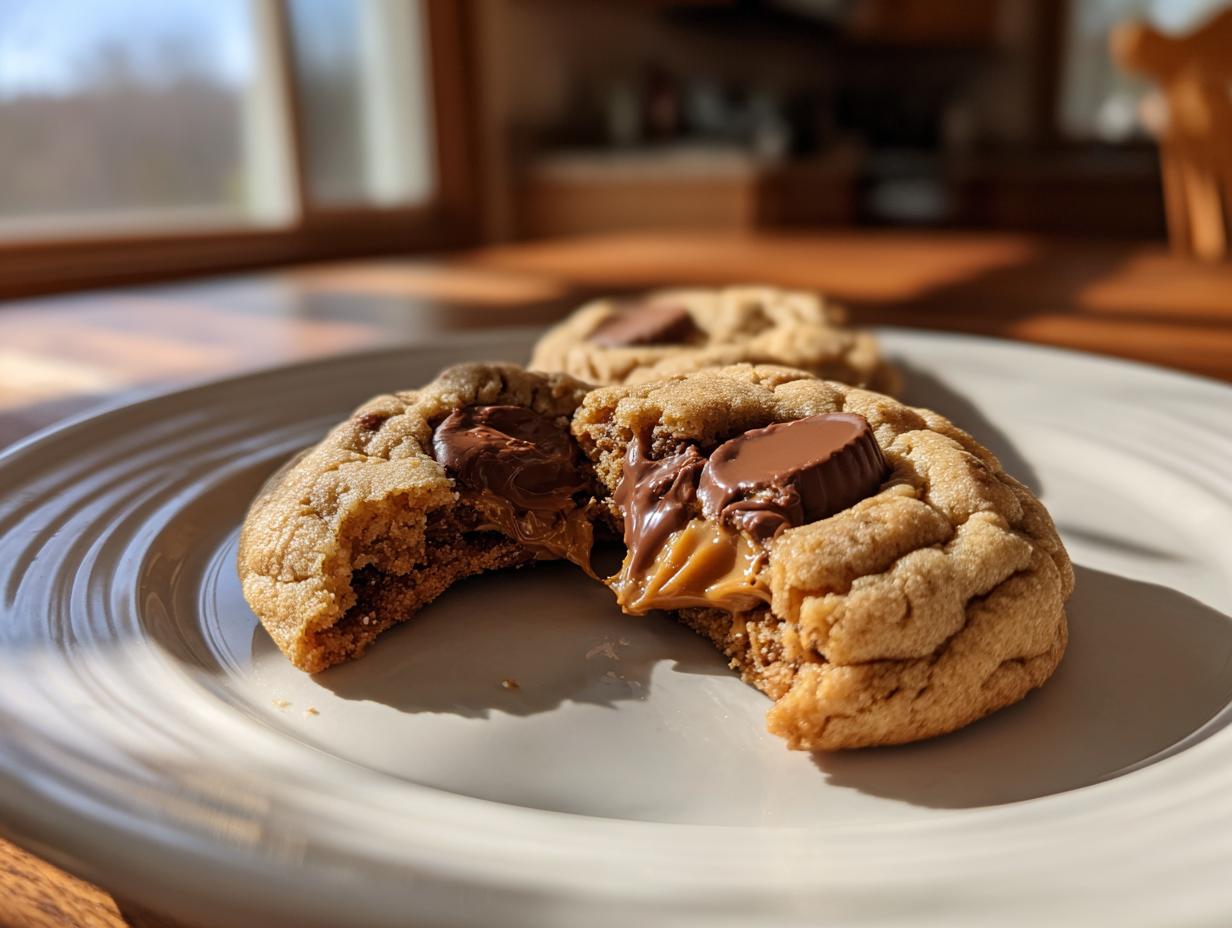 Close-up of a gooey peanut butter cup cookies broken open, showing melted filling, sitting on a white plate.