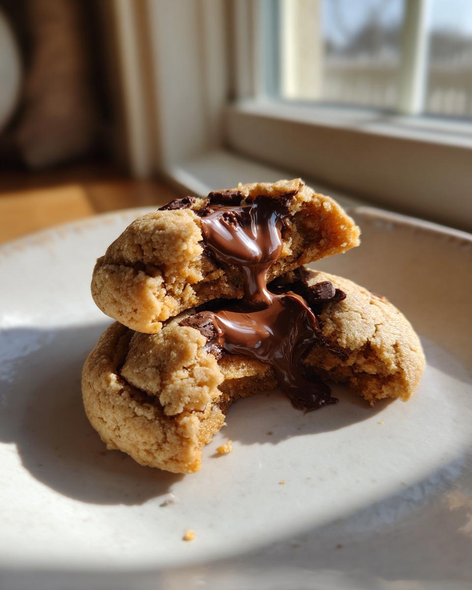 Close-up of a peanut butter cup cookies broken in half showing melted chocolate filling oozing out.
