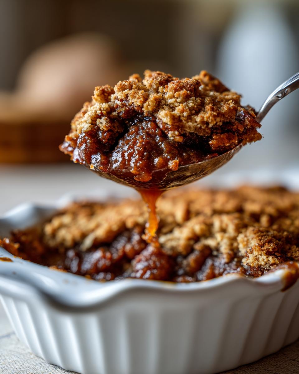 A spoonful of warm, gooey filling being lifted from a white ramekin of pecan pie cobbler recipe.
