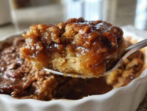 A spoonful of warm, gooey pecan pie cobbler recipe being lifted from a white ramekin.