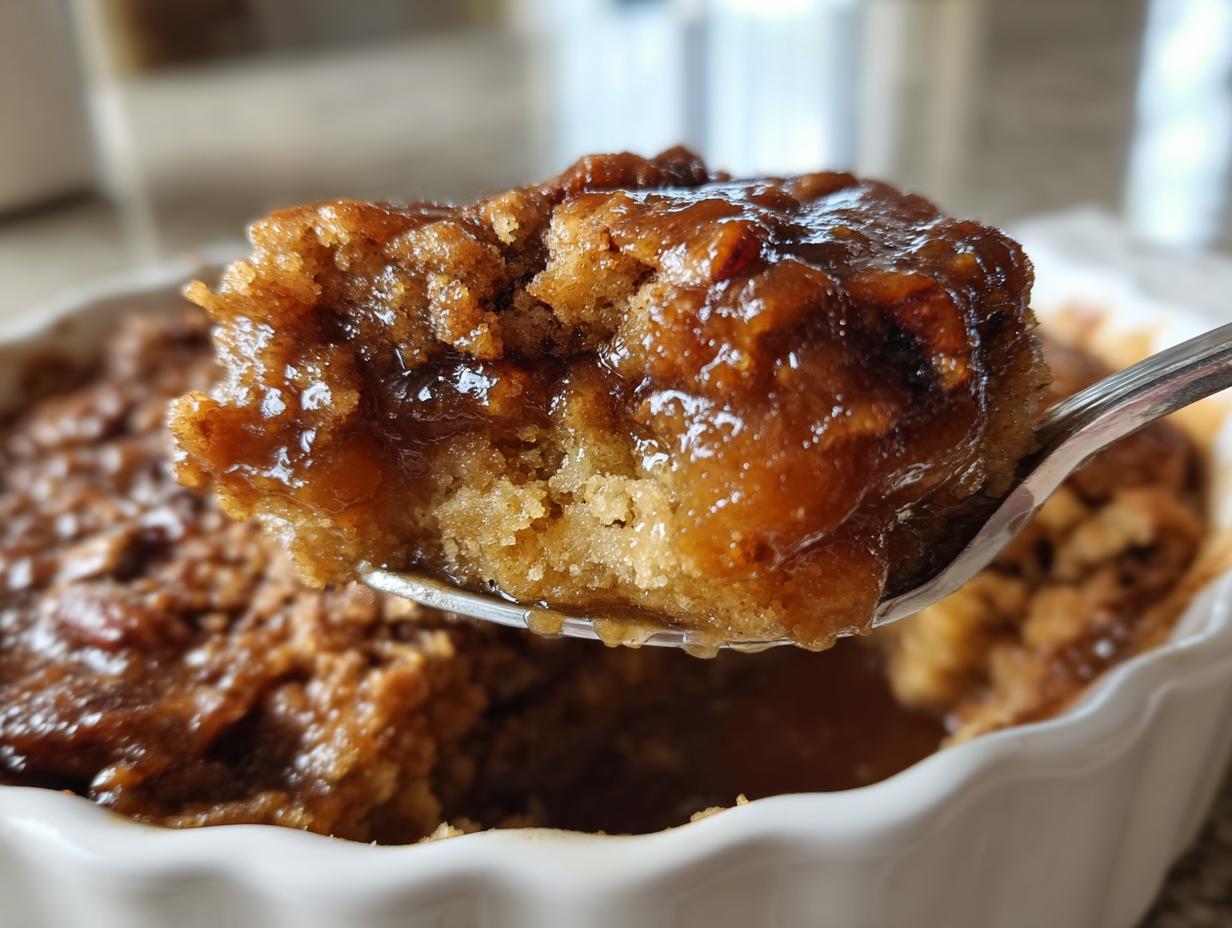 A spoonful of warm, gooey pecan pie cobbler recipe being lifted from a white ramekin.