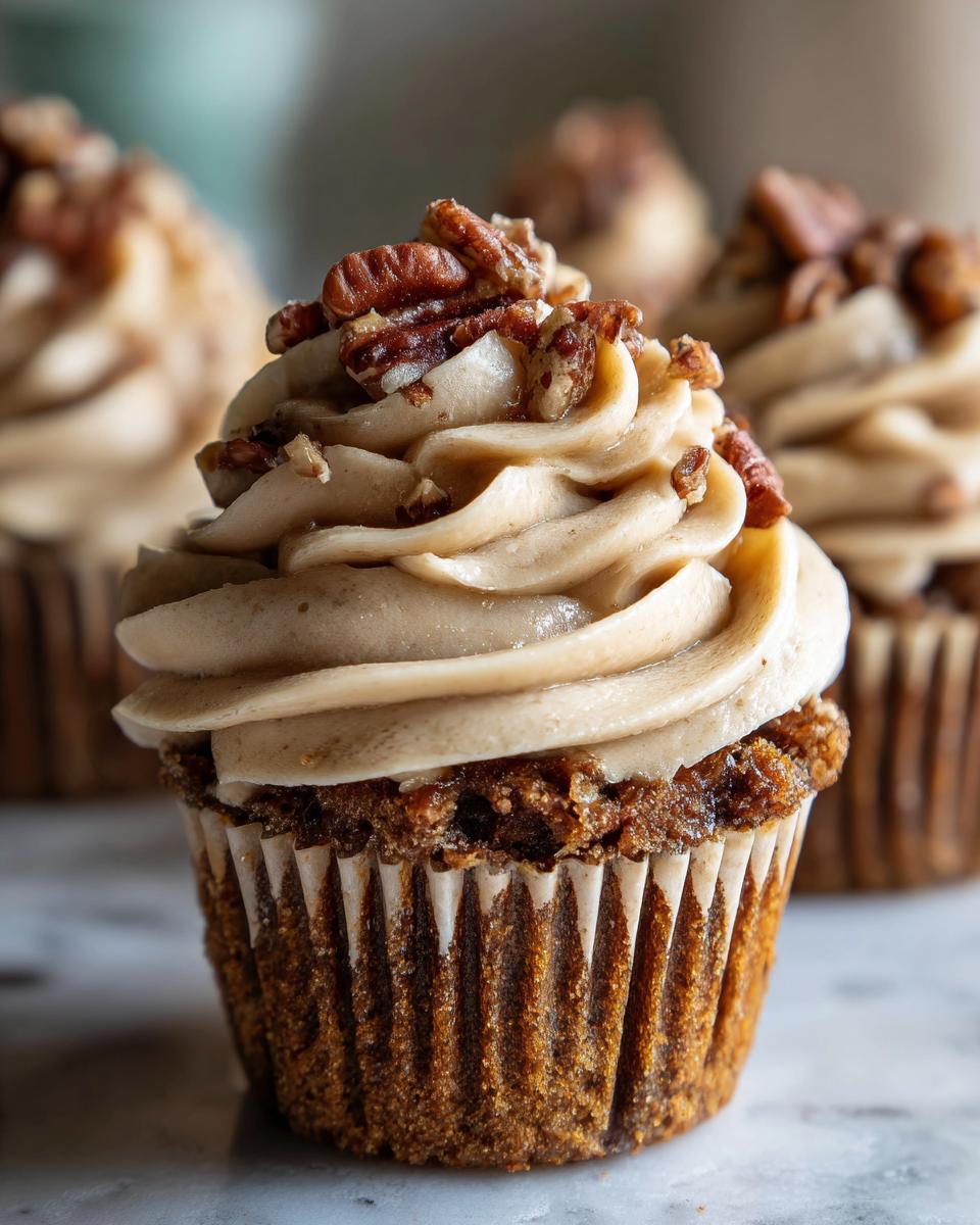 Close-up of a single pecan pie cupcakes topped with swirled brown sugar frosting and chopped pecans.