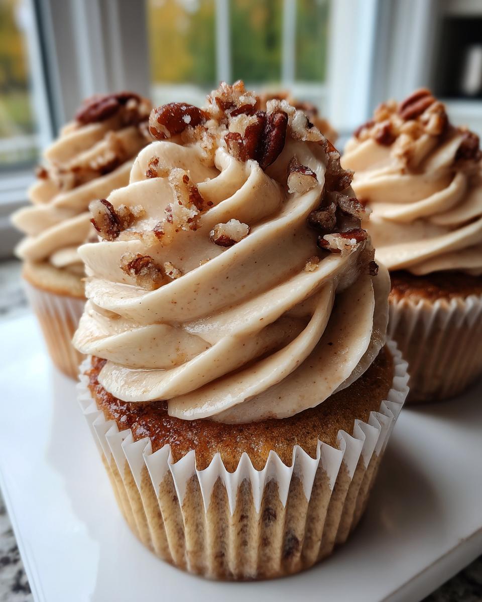 Close-up of three gooey pecan pie cupcakes topped with thick, spiced frosting and chopped pecans.
