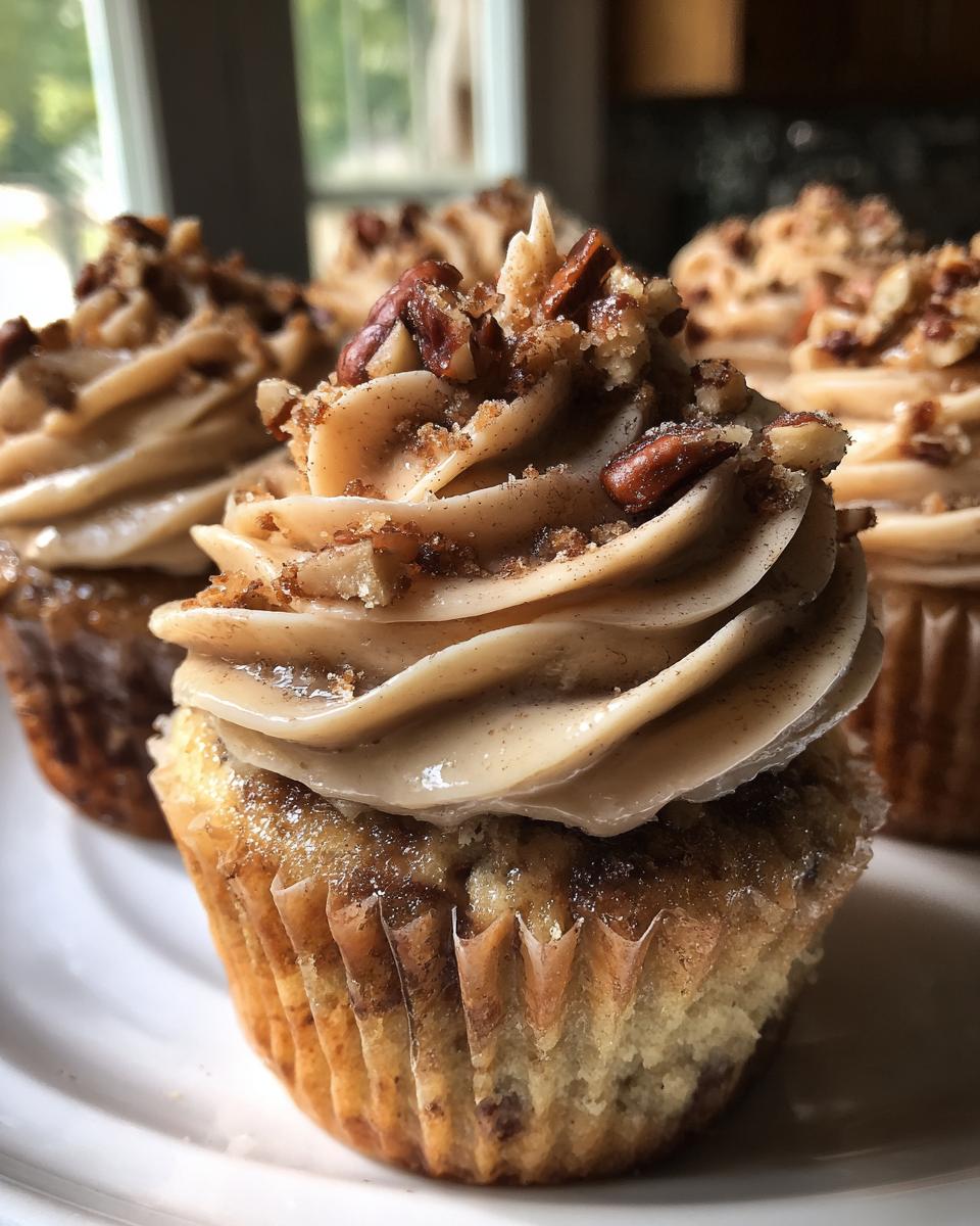 A close-up of a gooey pecan pie cupcake topped with swirled brown sugar frosting and chopped pecans.