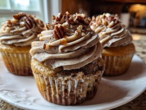 Three gooey pecan pie cupcakes topped with swirled, speckled frosting and chopped pecans on a white plate.