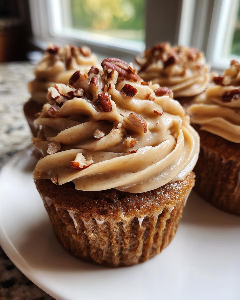 A close-up of a gooey pecan pie cupcake topped with light brown, swirled frosting and chopped pecans.