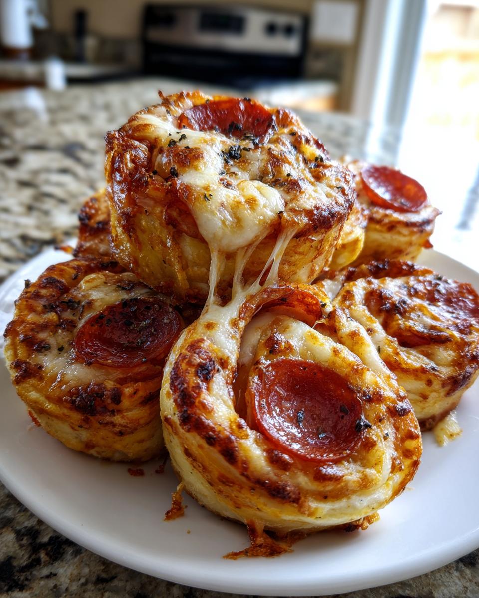Close-up of gooey, melted cheese stretching between several freshly baked pepperoni pizza pinwheels stacked on a white plate.