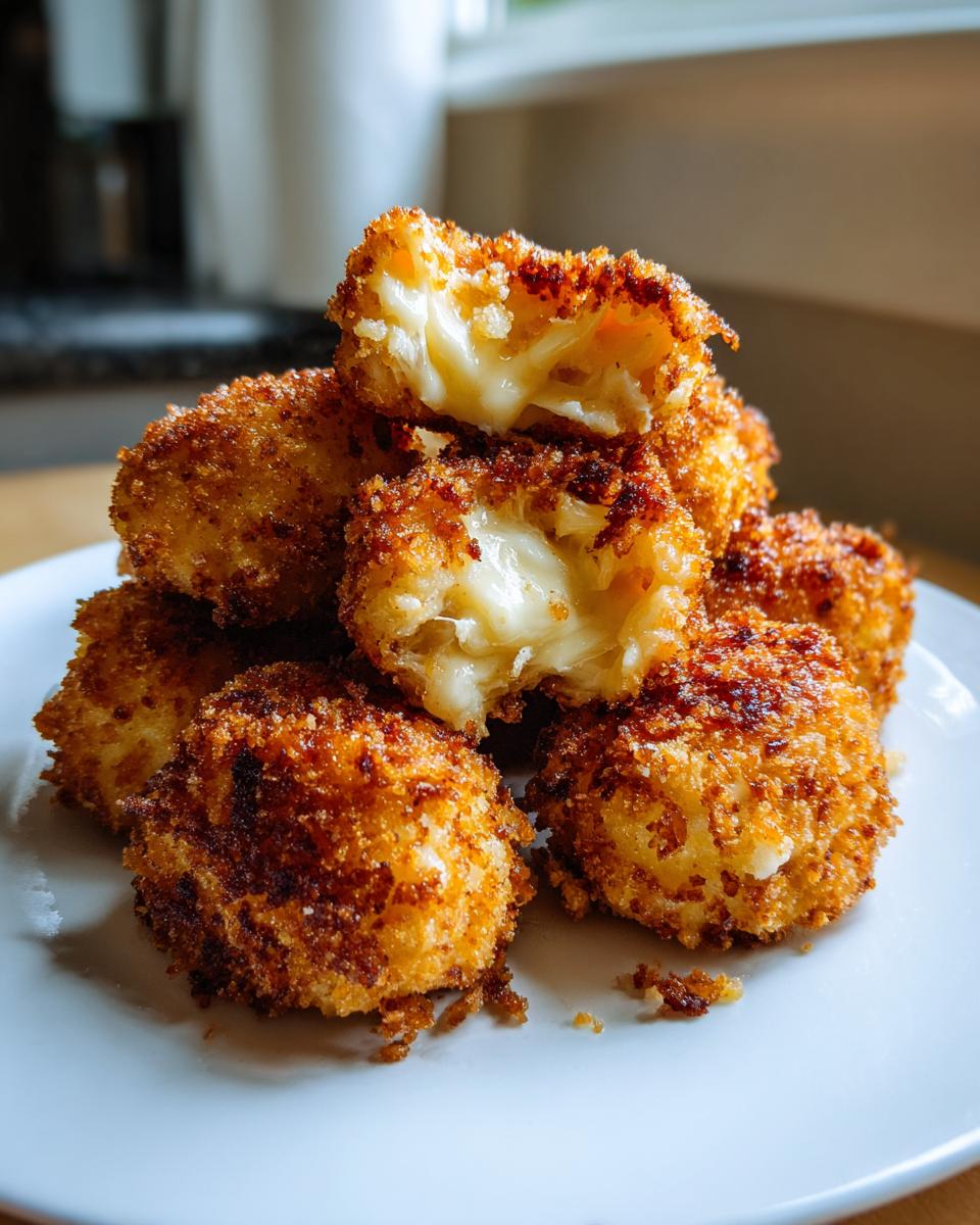 A stack of golden brown, crispy potato croquettes with one broken open revealing a melted, cheesy interior.