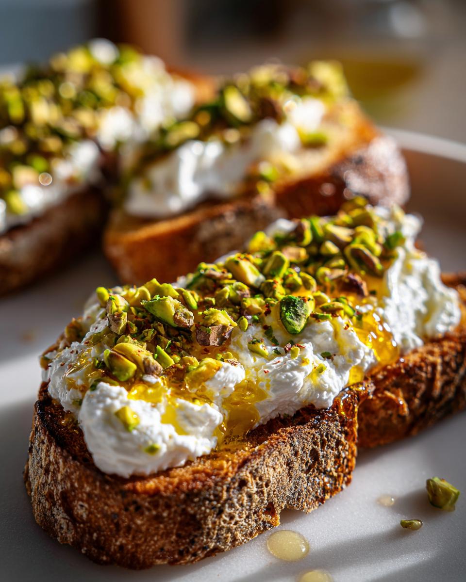 Close-up of gourmet ricotta toast topped with whipped ricotta, chopped pistachios, and drizzled honey.