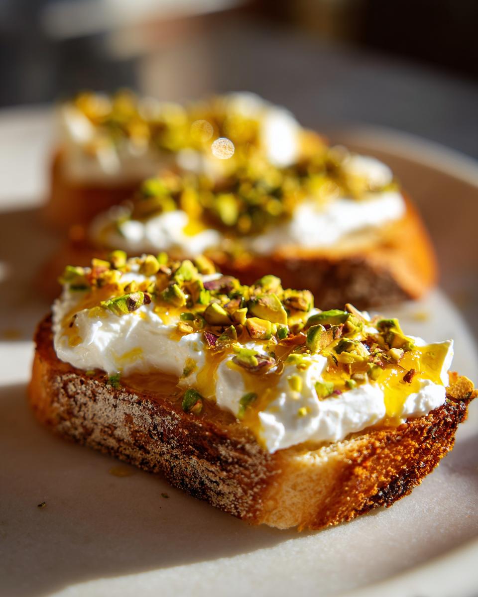 Close-up of gourmet ricotta toast topped with creamy ricotta, honey drizzle, and chopped pistachios.