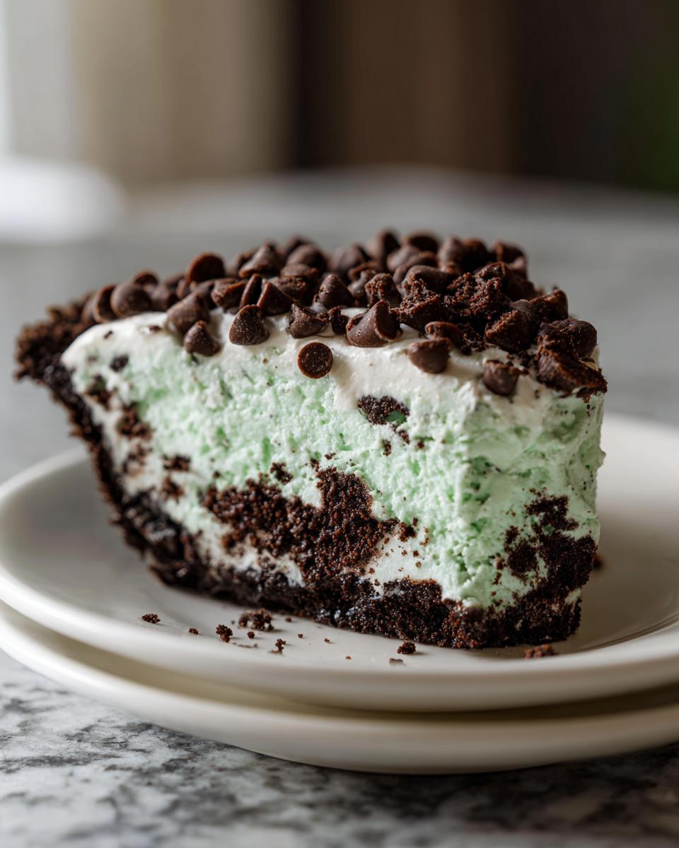A decadent slice of green grasshopper pie with a dark chocolate crust, topped with whipped cream and mini chocolate chips.