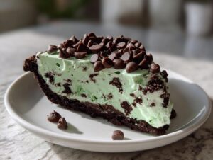 A generous slice of light green grasshopper pie with a dark chocolate crust, topped with chocolate chips.