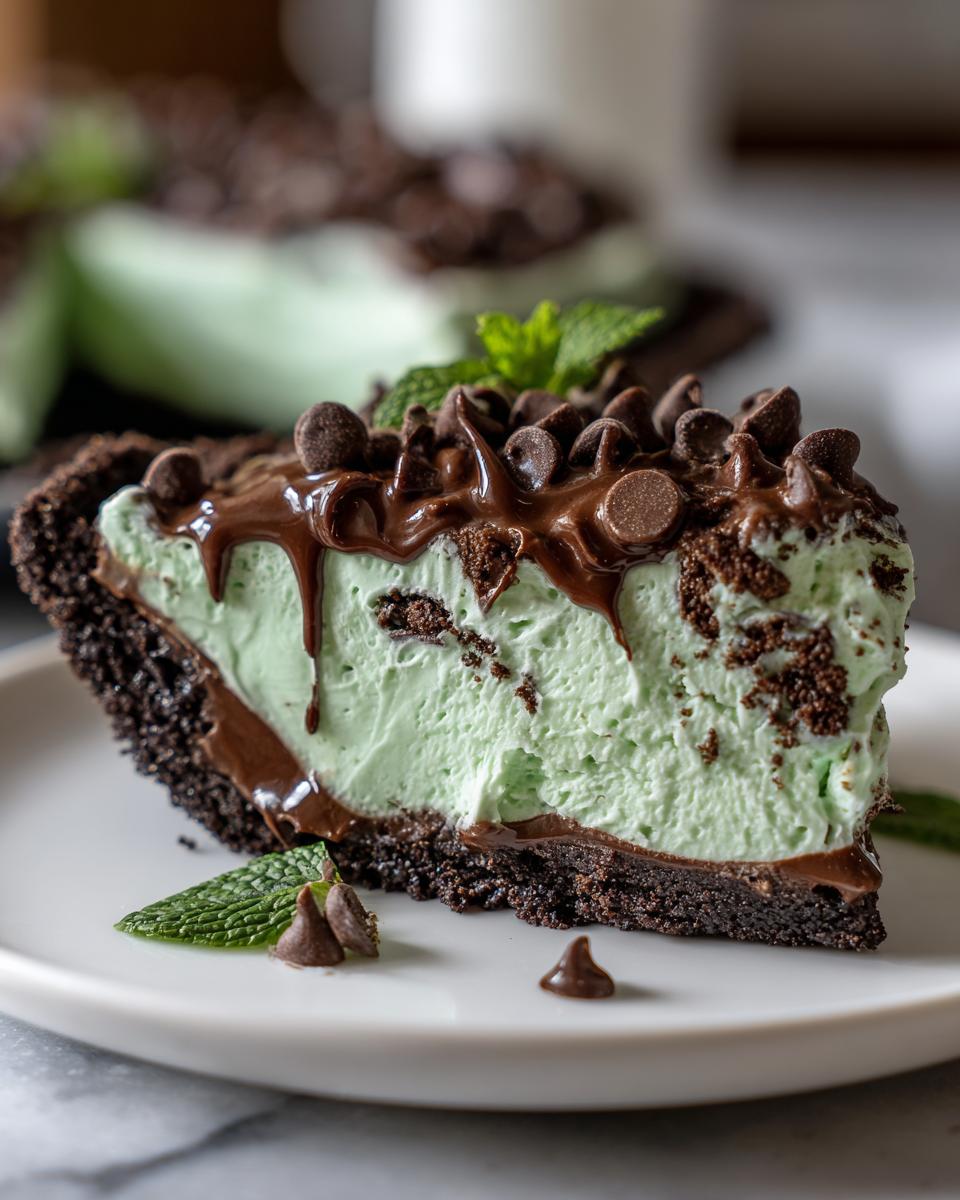 A close-up slice of creamy, mint-green grasshopper pie with a dark chocolate crust, topped with chocolate chips and fudge drizzle.