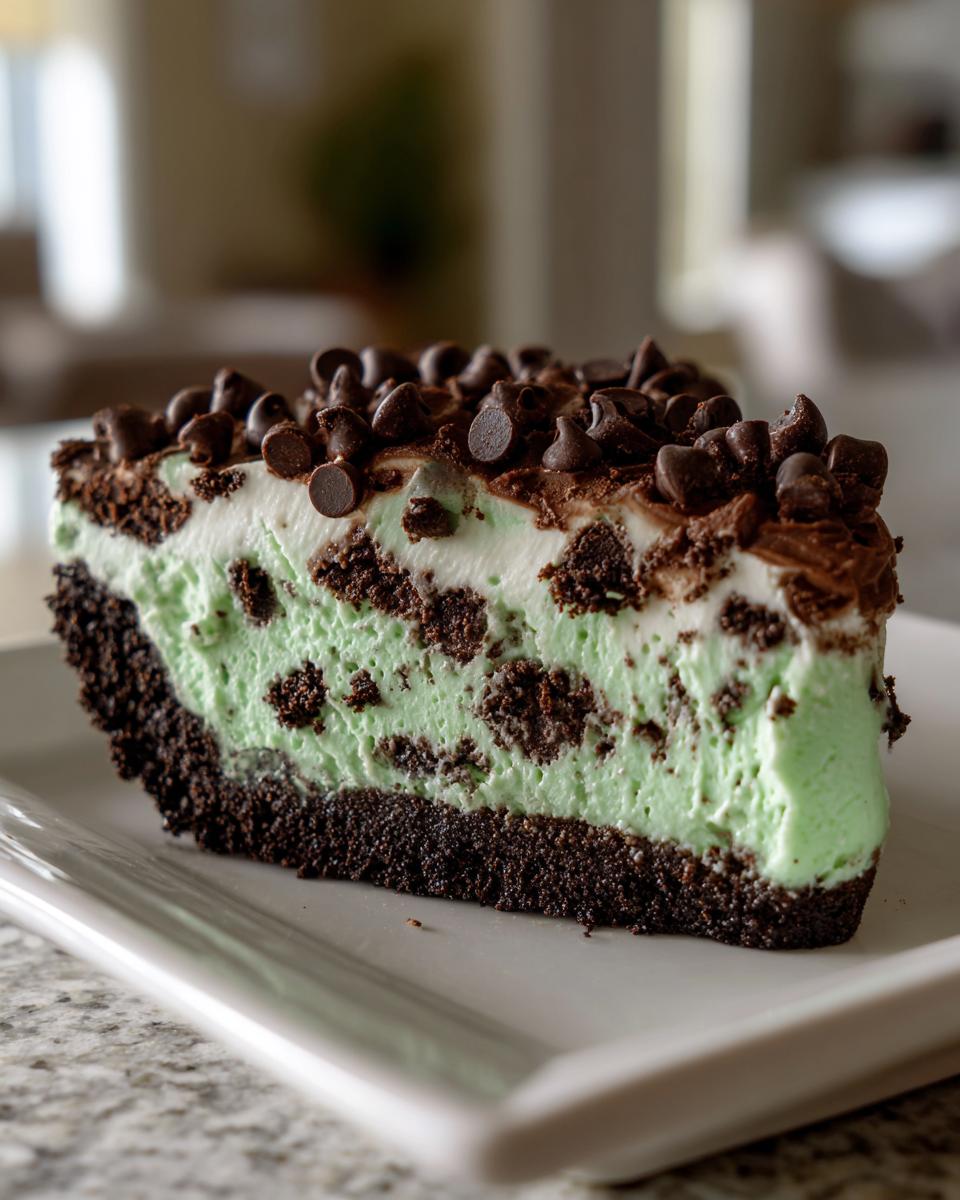 A close-up slice of creamy, mint-green grasshopper pie with a dark chocolate crust and topped with chocolate chips.