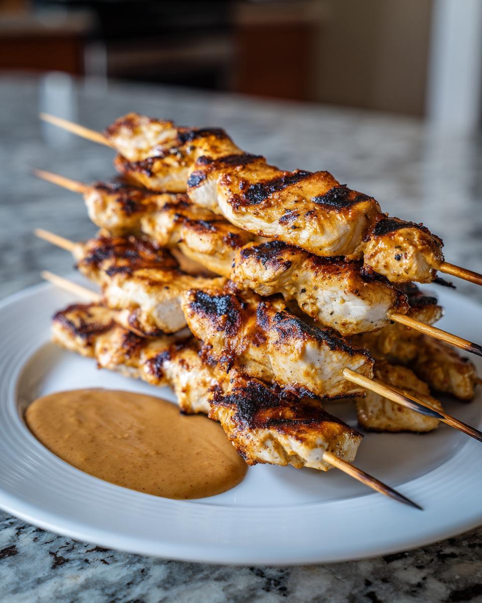 A stack of perfectly grilled chicken satay skewers served on a white plate with a side of creamy peanut dipping sauce.