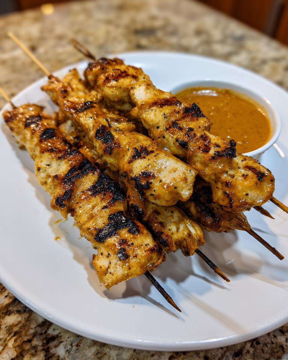 Four grilled chicken satay skewers resting on a white plate next to a small bowl of peanut dipping sauce.