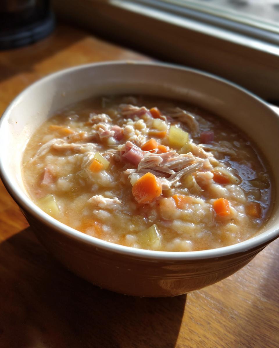 A close-up of a thick, hearty bowl of navy bean soup featuring shredded chicken, diced carrots, potatoes, and ham.