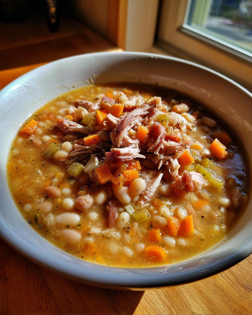 Close-up of a warm bowl of navy bean soup topped with shredded ham or chicken and diced carrots and celery.