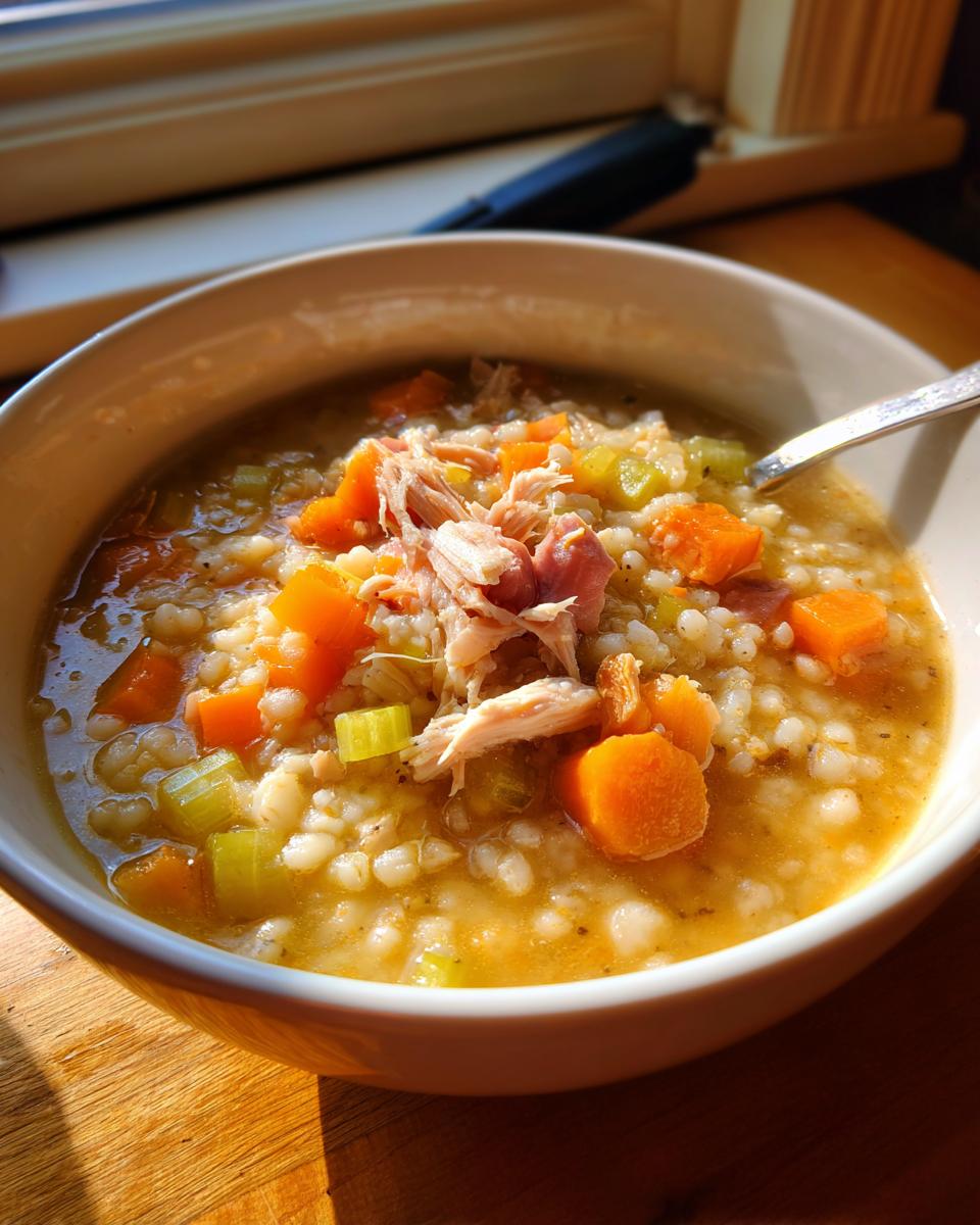 Close-up of a hearty bowl of navy bean soup containing barley, diced carrots, celery, and topped with shredded chicken.
