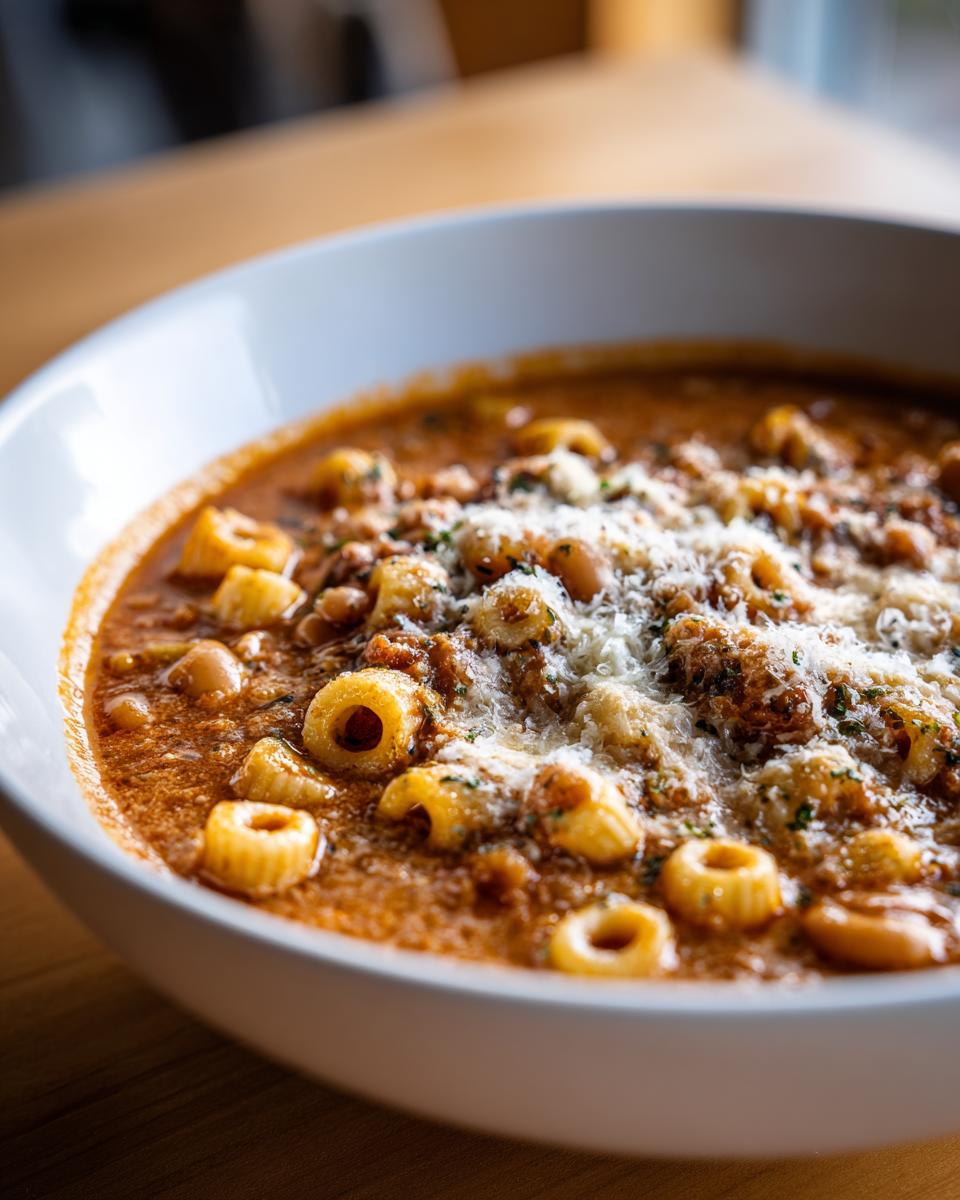 Close-up of a rich bowl of pasta fagioli soup, featuring small tubular pasta and beans in a tomato broth, topped with grated Parmesan cheese.