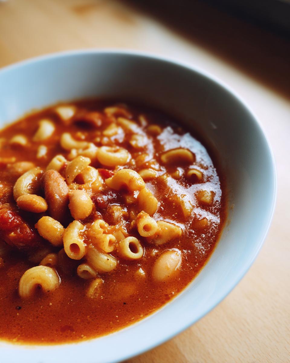 Close-up of a light blue bowl filled with thick, rich tomato-based pasta fagioli soup featuring macaroni and beans.