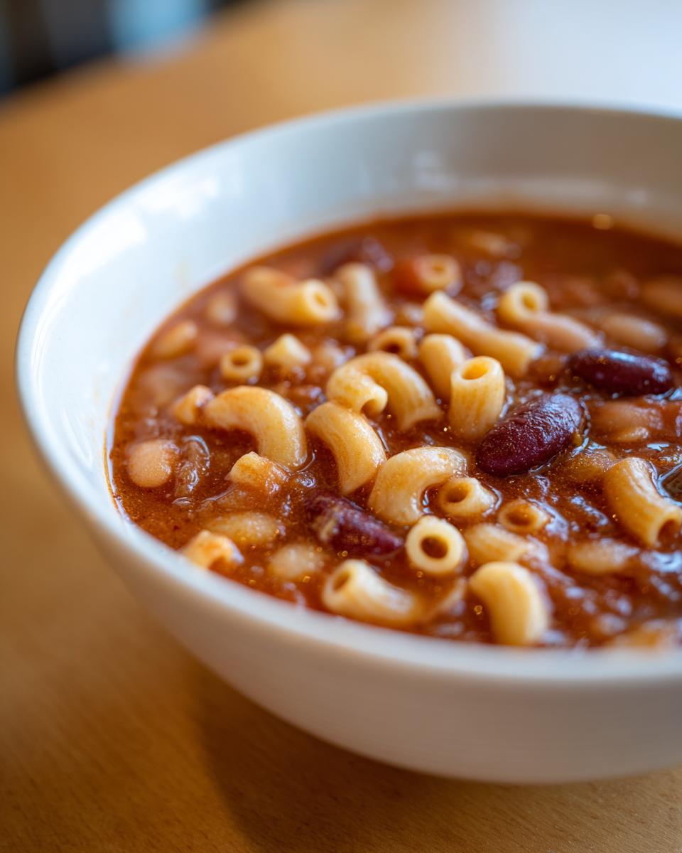 A close-up view of thick, rich pasta fagioli soup featuring elbow macaroni and kidney beans in a white bowl.