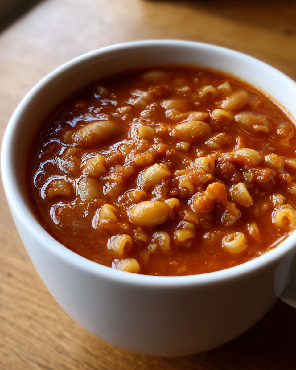 Close-up of a white bowl filled with thick, rich tomato-based pasta fagioli soup featuring beans and small pasta shapes.