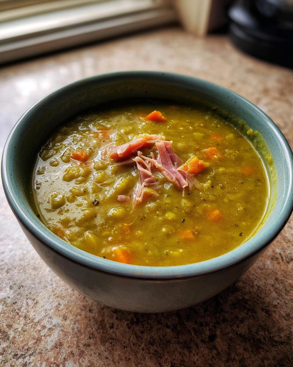 A close-up of a bowl of thick, green pea soup topped with shredded ham and visible chunks of carrot.