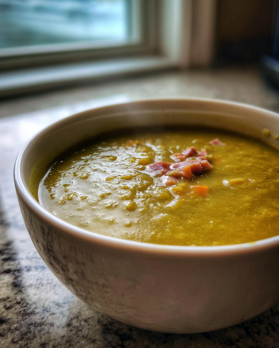 Close-up of a thick, green pea soup topped with diced ham in a white bowl.