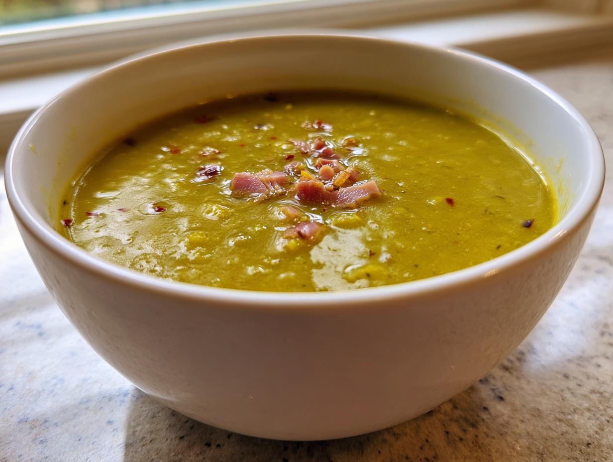Close-up of a creamy, green pea soup served in a white bowl, garnished with diced ham and red pepper flakes.