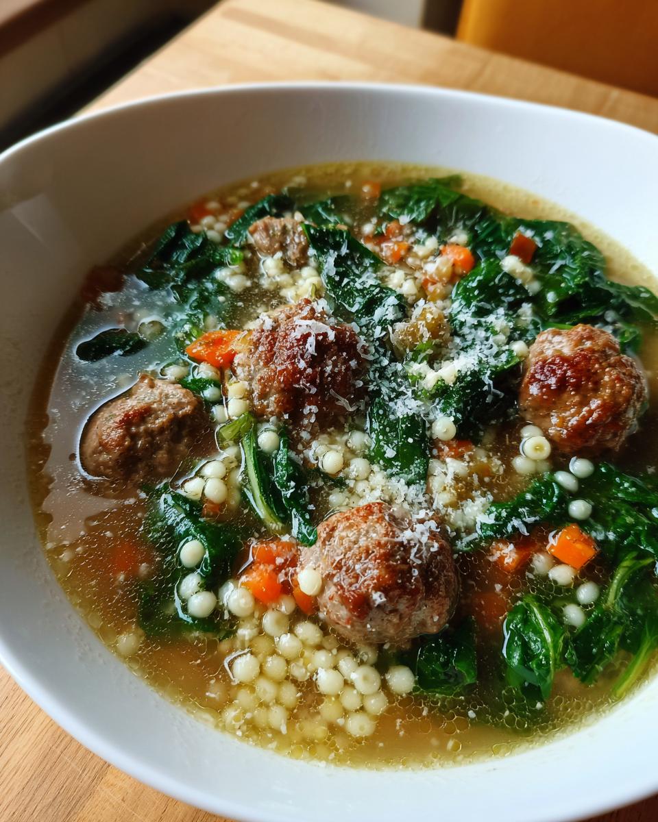 Close-up of a bowl of wedding soup featuring small meatballs, acini di pepe pasta, spinach, and grated Parmesan cheese.