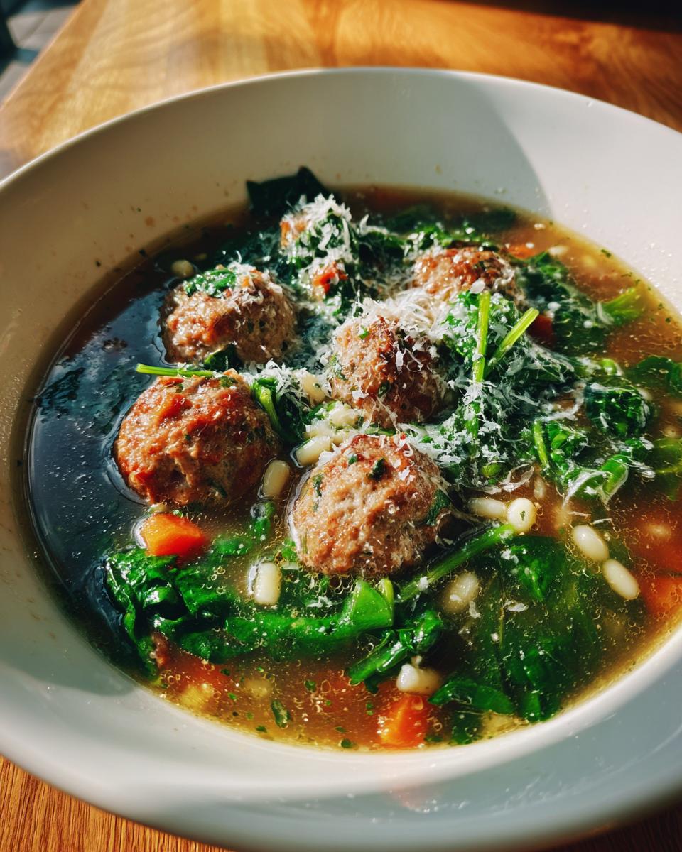 A close-up view of a bowl of Italian wedding soup featuring meatballs, spinach, acini di pepe pasta, and grated Parmesan cheese.
