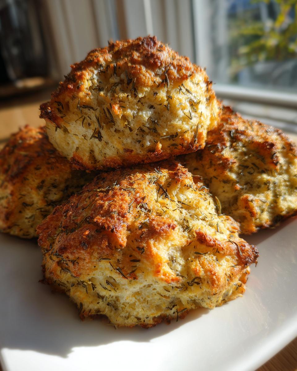 Four golden-brown herb biscuits, likely used for stuffing, stacked on a white plate.