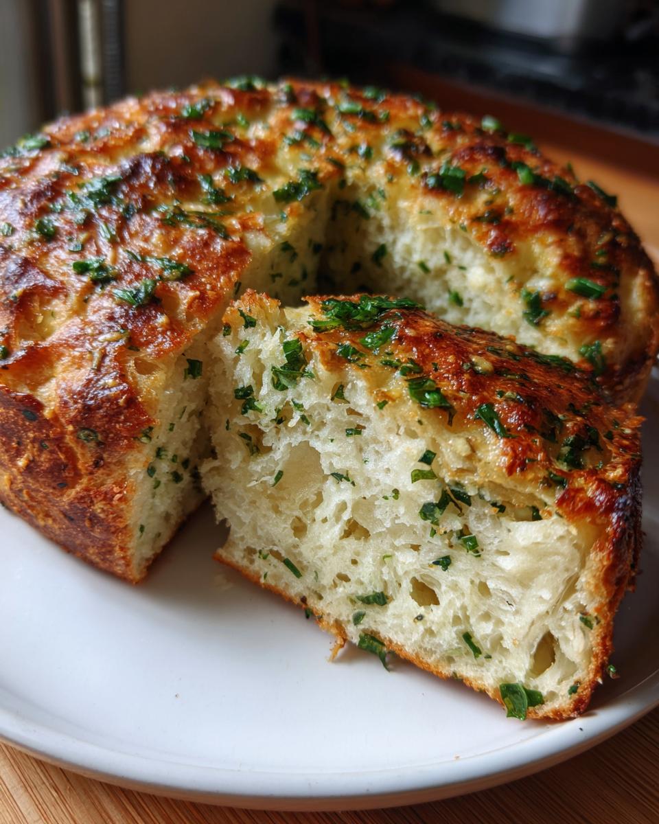 Close-up of a golden-brown, fluffy loaf of herb bread with a slice pulled away, showing the soft interior.