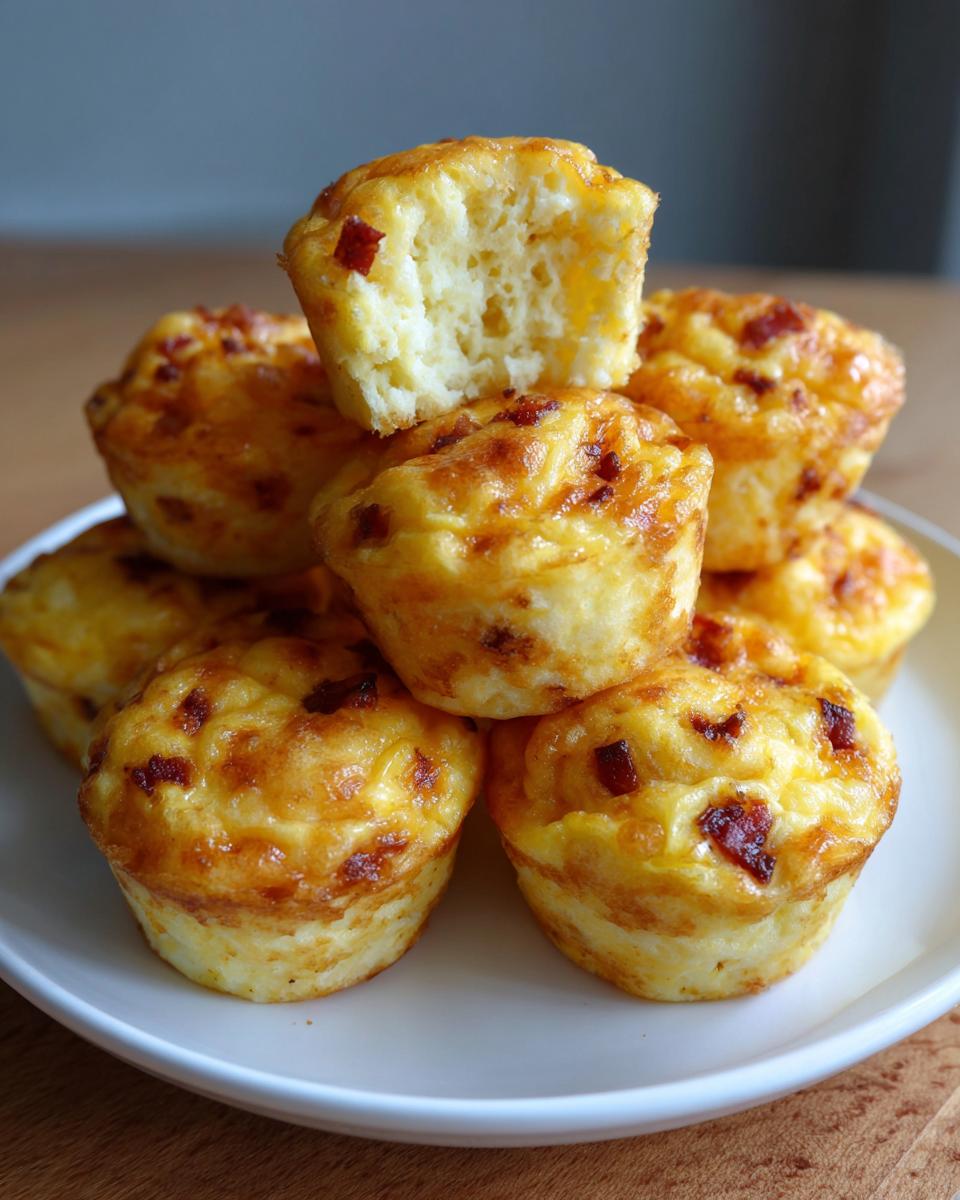 A stack of golden-brown, savory egg bites with visible bacon pieces, one bite broken open to show the fluffy interior.