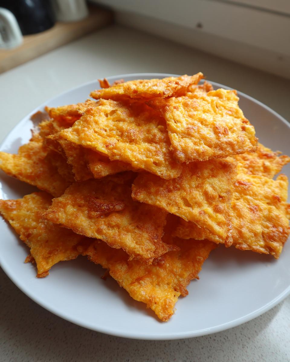 A stack of crispy, golden-orange homemade cheese crackers piled high on a white plate.