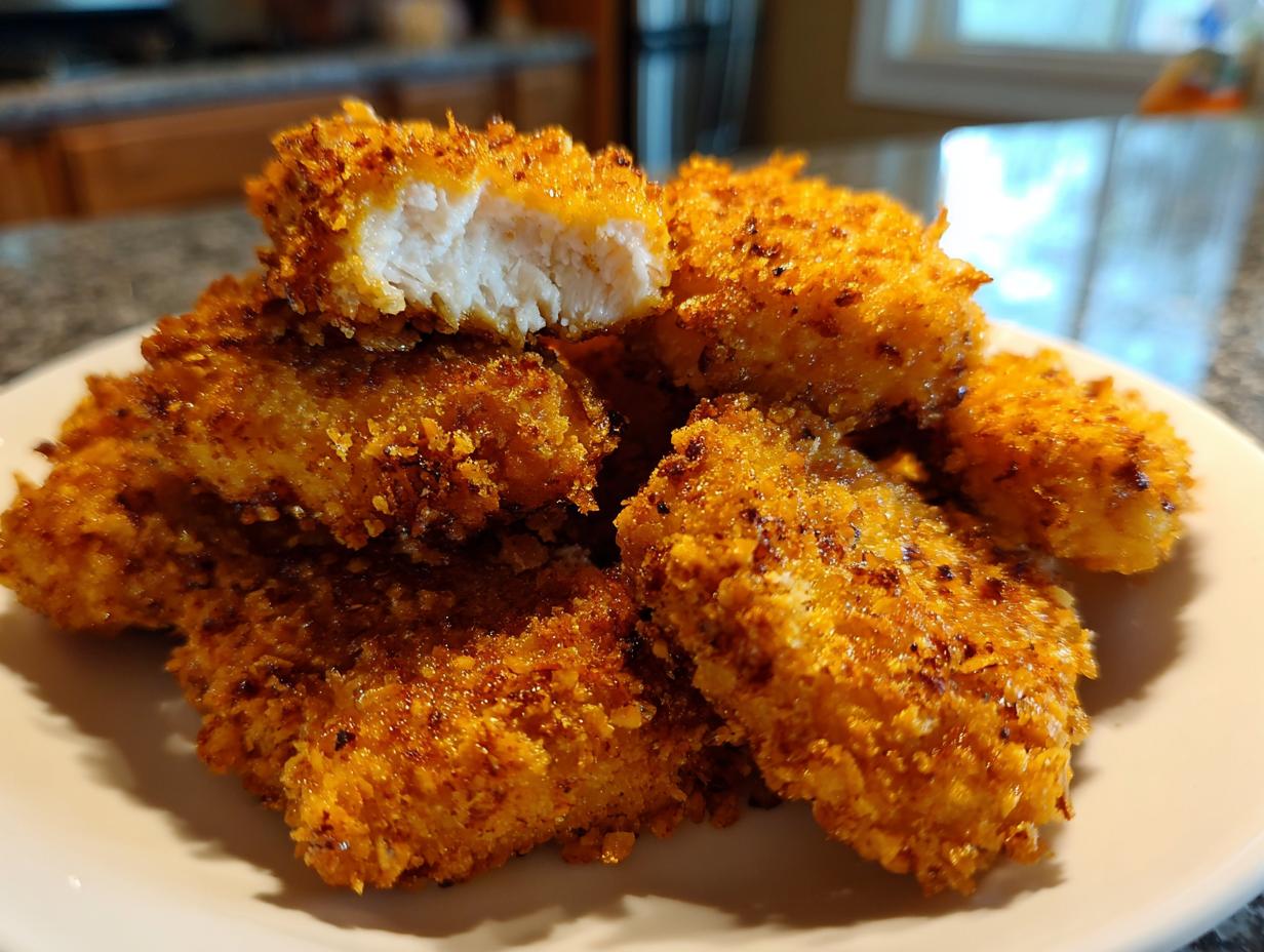 A close-up of crispy, golden homemade chicken nuggets piled on a white plate, with one nugget broken open showing white meat.