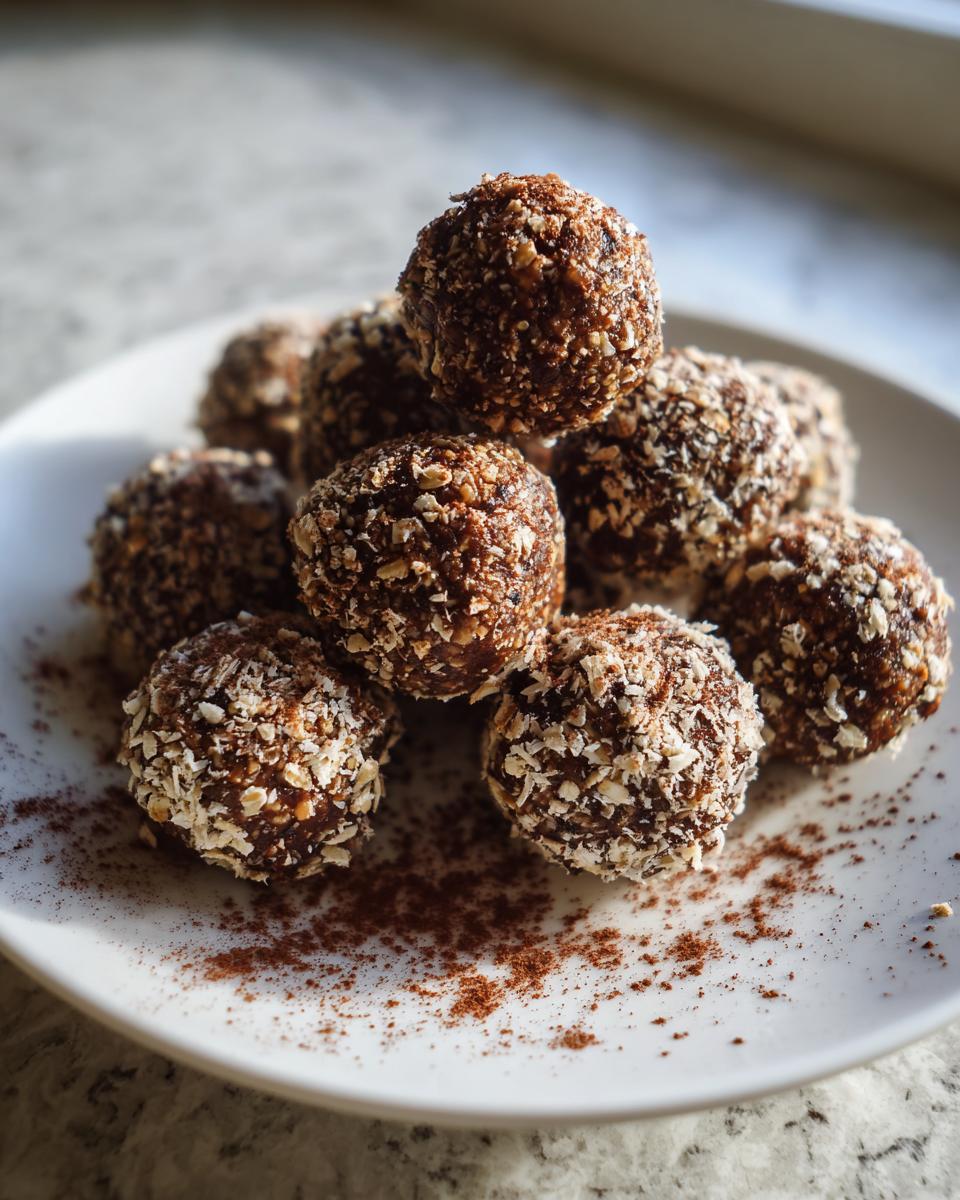 A stack of rich, dark chocolate protein balls coated in shredded oats, dusted with cocoa powder on a white plate.