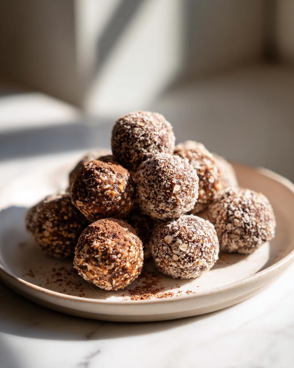 A stack of homemade chocolate protein balls coated in oats and cocoa powder on a light speckled plate.