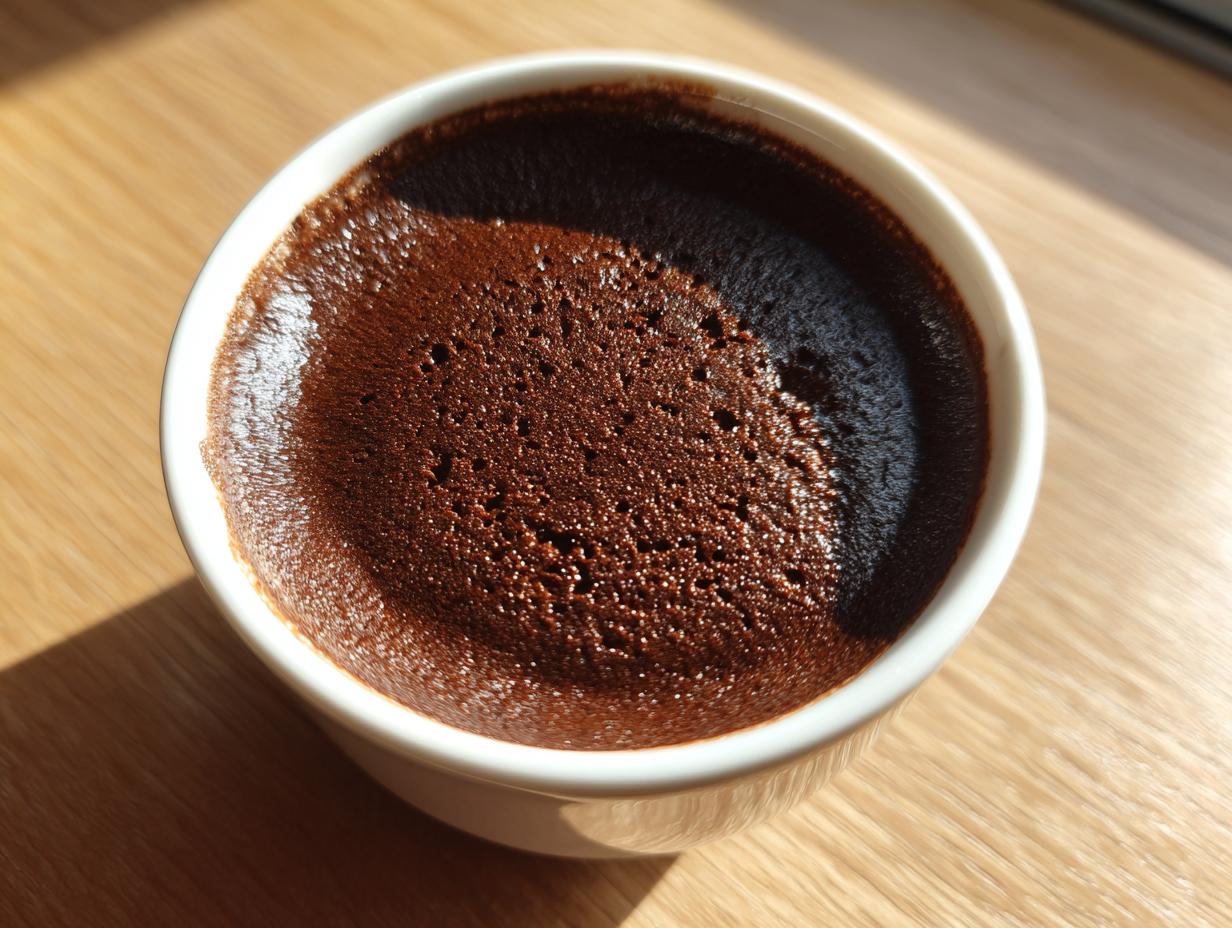 Close-up overhead view of rich, dark homemade chocolate pudding with a slightly textured surface in a white ramekin.