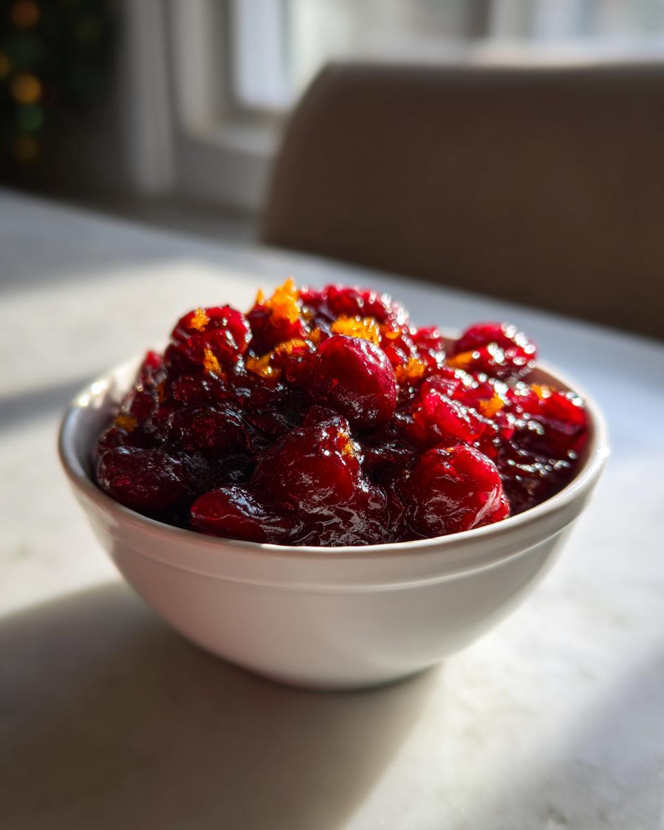Close-up of homemade cranberry sauce, glistening and topped with orange zest, served in a small white bowl.
