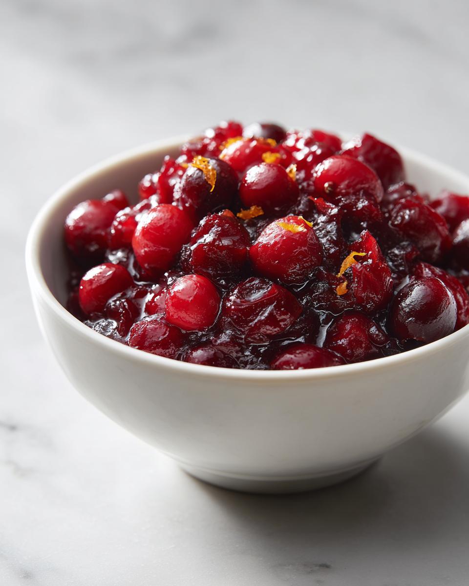 Close-up of homemade cranberry sauce with whole berries and orange zest in a white bowl.