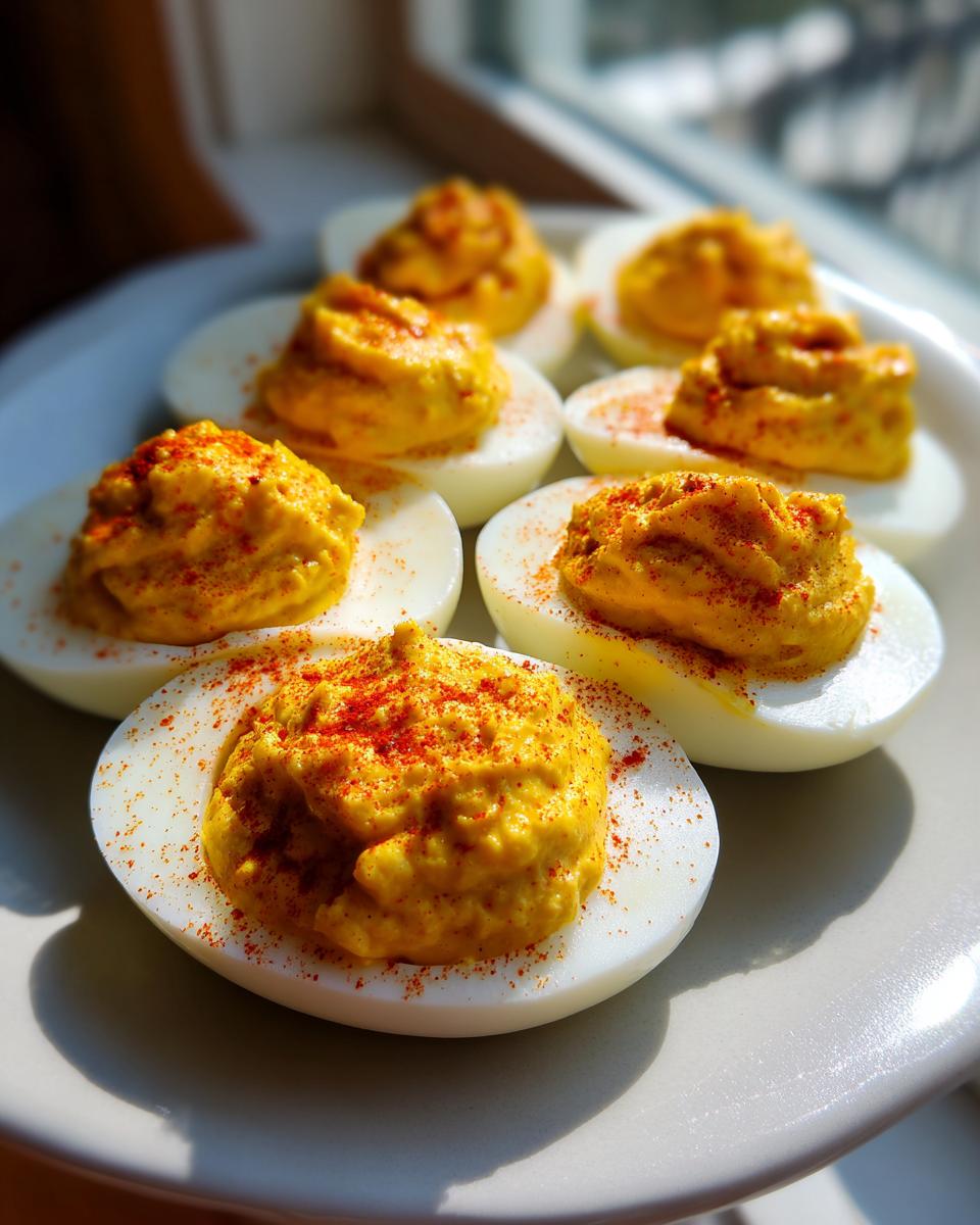 A plate of homemade deviled eggs, featuring creamy yellow filling topped with bright red paprika.
