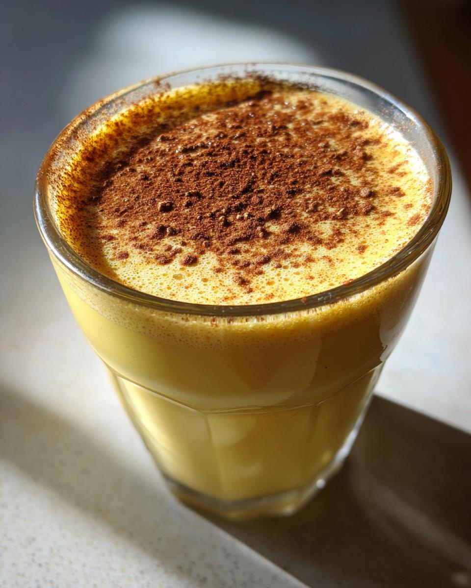 A close-up of a glass filled with yellow homemade eggnog, topped with a generous dusting of dark brown spice.