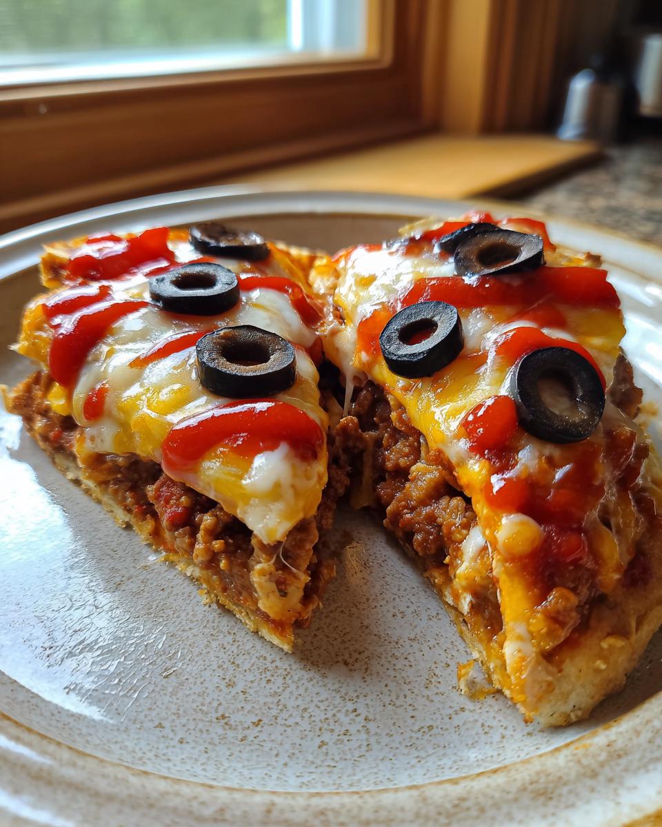 Close-up of two slices of homemade mexican pizza topped with melted cheese, salsa, and black olives.